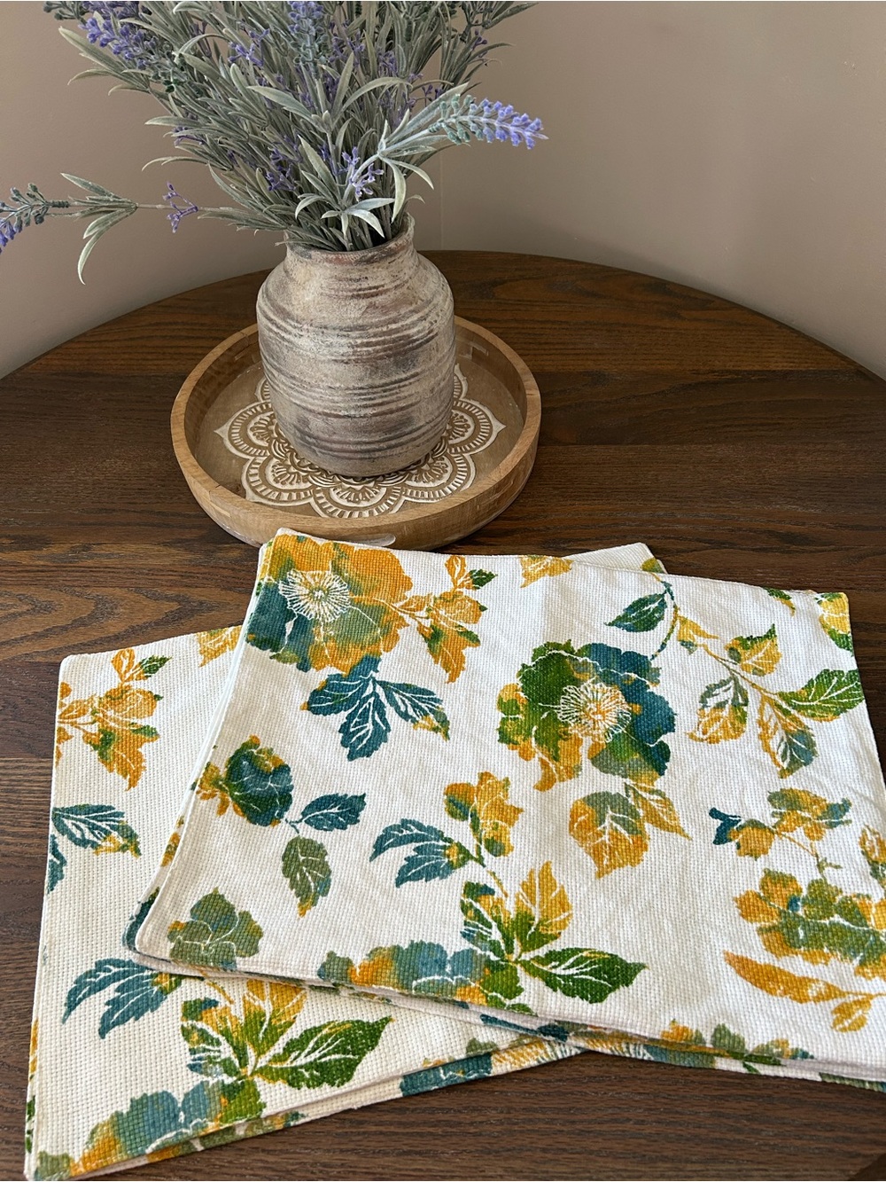 Floral Cotton Kitchen Placemats in Green & Mustard